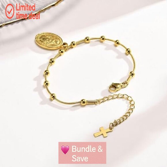 14k Gold Plated Virgin Mary Rosary Bracelet, Adjustable Stainless Steel - Picture 8 of 8